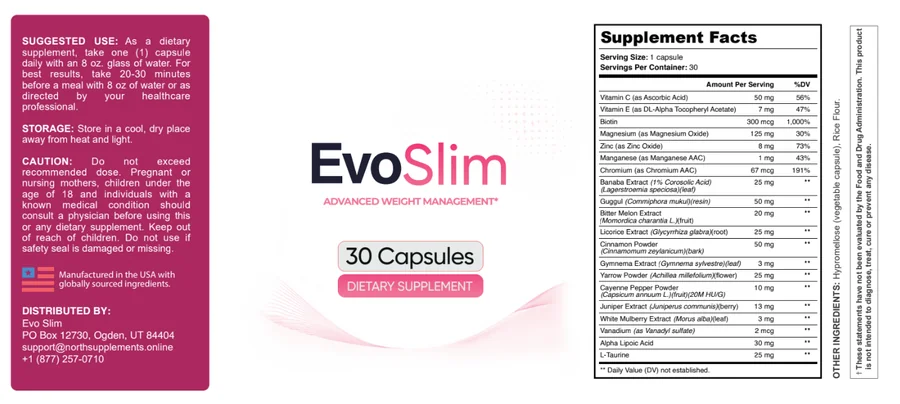 Evo Slim supplement facts label with full ingredient list